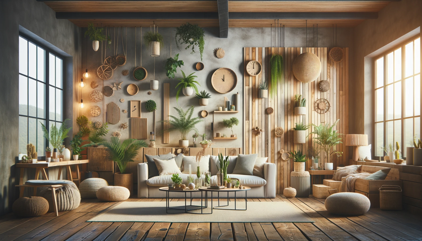 Stijlvol duurzaam interieur met gerecyclede meubels en planten.