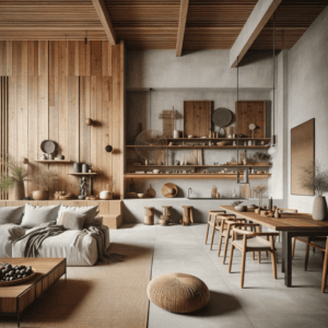 Prachtige grote woonkamer gevuld met meubels van natuurlijke materialen en prachtige texturen.