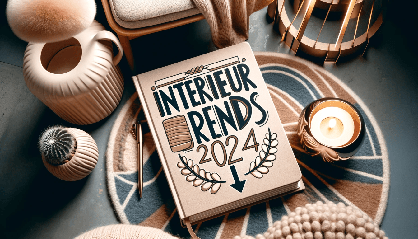 Boek met interieurtrends van 2024 en een pijl naar beneden