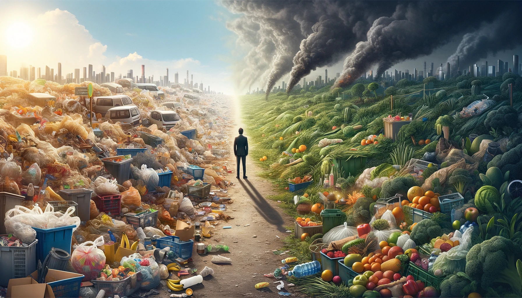 Contrast tussen wegwerpmaatschappij en duurzame wereld met een persoon die voor de keuze staat, symboliserend de macht van consumenten om verandering teweeg te brengen.