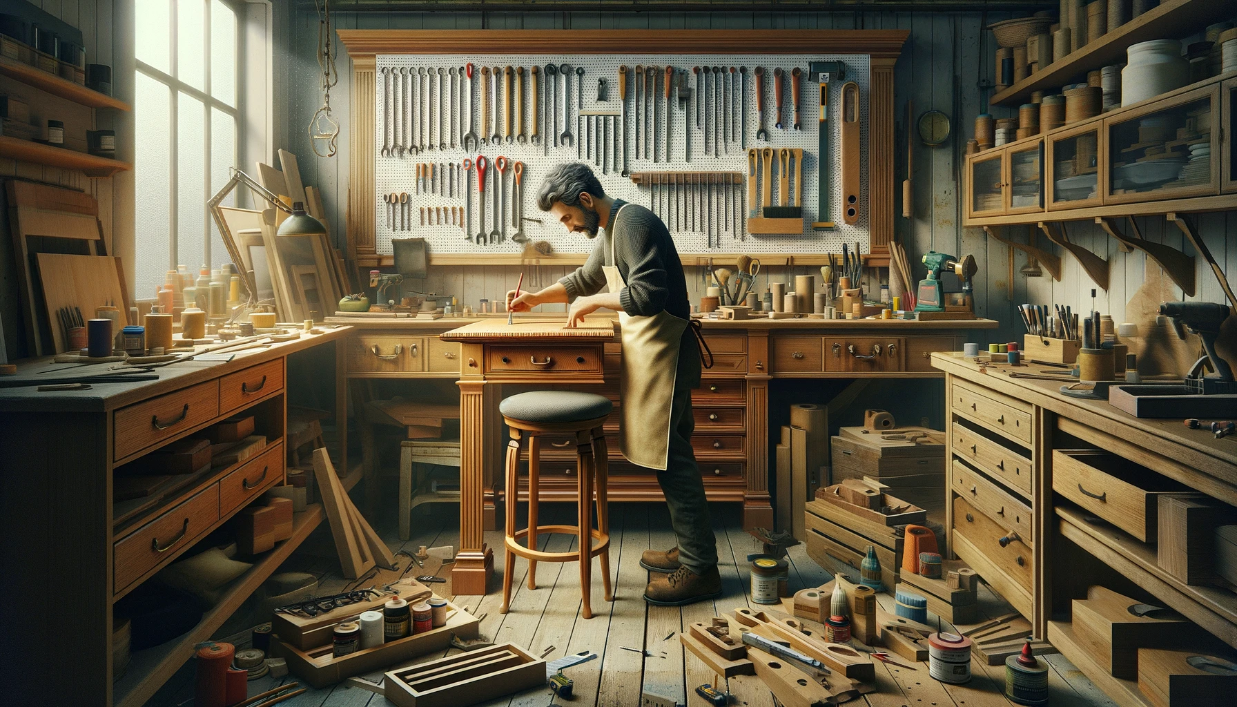 Een vakman met een schort en veiligheidsbril herstelt nauwkeurig een houten stoel in een goed verlichte werkplaats. Op de achtergrond zijn diverse gereedschappen zoals hamers, schroevendraaiers en verfkwasten netjes opgehangen aan de muur. Op de werkbank liggen materialen zoals spijkers, houtlijm en schuurpapier. De werkplaats straalt vakmanschap, precisie en zorg uit.
