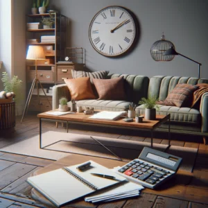 Een stijlvolle woonkamer met een bankstel en een calculator op de salontafel. Op de salontafel liggen een notitieboekje met pen en een rekenmachine, waarop iemand aan het rekenen is. Naast de bank staat een open gereedschapskist met enkele gereedschappen zoals een hamer en schroevendraaier, wat duidt op een recente of geplande reparatie. De kamer straalt comfort en huiselijkheid uit, met een focus op kostenefficiëntie en praktische oplossingen.
