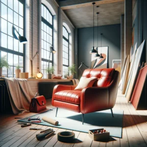 Een mooie rode fauteuil die er hersteld uitziet, in een moderne, goed verlichte ruimte met gereedschappen en materialen voor de reparatie op de achtergrond.