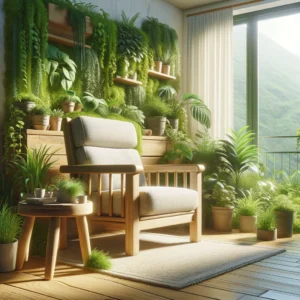 Een gerepareerde houten stoel in een groene, milieuvriendelijke omgeving. De stoel staat in een kamer met veel planten en natuurlijke elementen, wat duurzaamheid en milieuvriendelijkheid symboliseert. De omgeving is helder en uitnodigend, met veel natuurlijk licht.