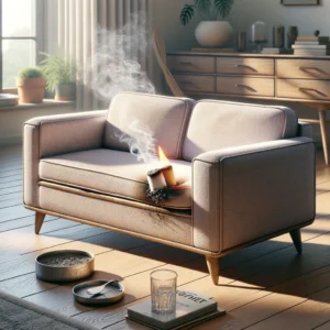 Een stoffenbank met een klein brandgaatje in de zitting, waar wat rook uit komt. De bank staat in een moderne, goed verlichte woonkamer met decoratieve elementen zoals planten en kussens die de ruimte een gezellige uitstraling geven.