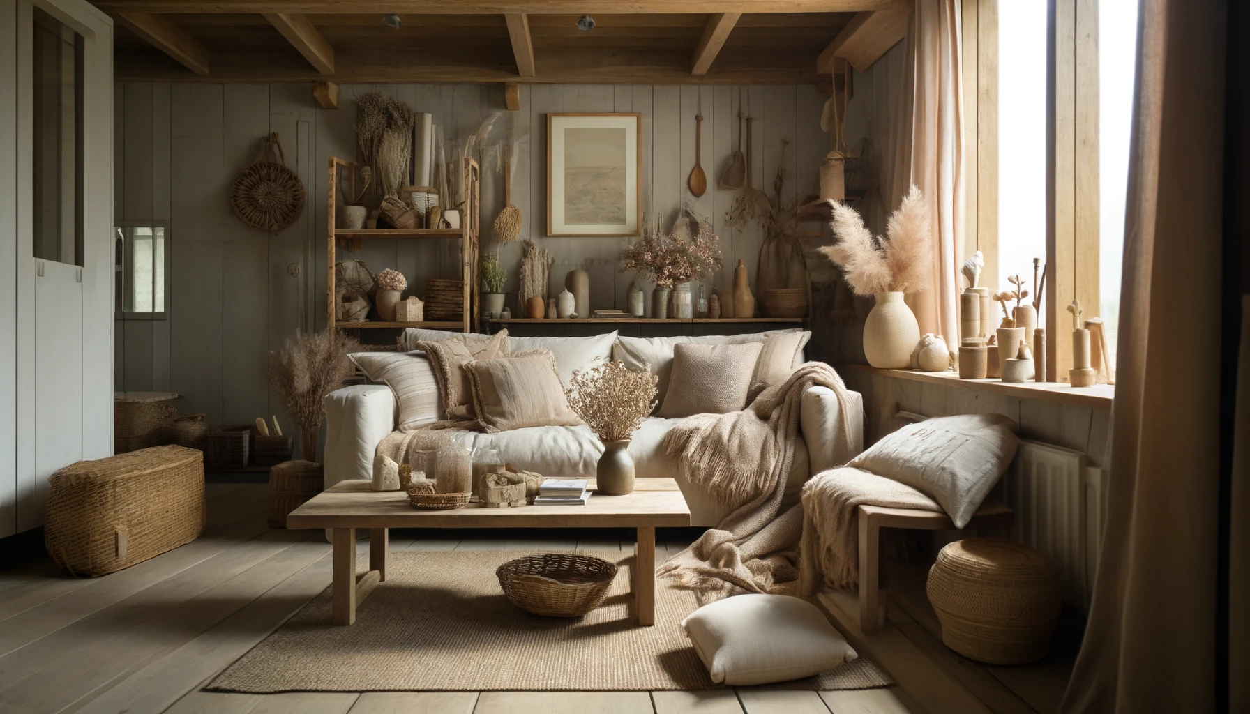 Een gezellige woonkamer met meubels bekleed met natuurlijke en duurzame stoffen zoals biologisch katoen, linnen en wol. De bank heeft een linnen bekleding, een fauteuil is bedekt met een wollen deken, en er liggen biologisch katoenen kussens op de bank. De ruimte heeft neutrale en aardetinten, met linnen gordijnen en een tapijt van natuurlijke vezels. Het geheel straalt comfort en milieuvriendelijkheid uit.