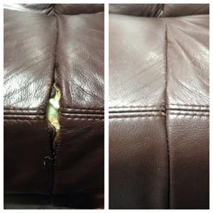 Een voor en na foto van een leren grijze bank met een kapotte stiknaad en aan de andere kant de foto met een stiknaad die gerepareerd is. 