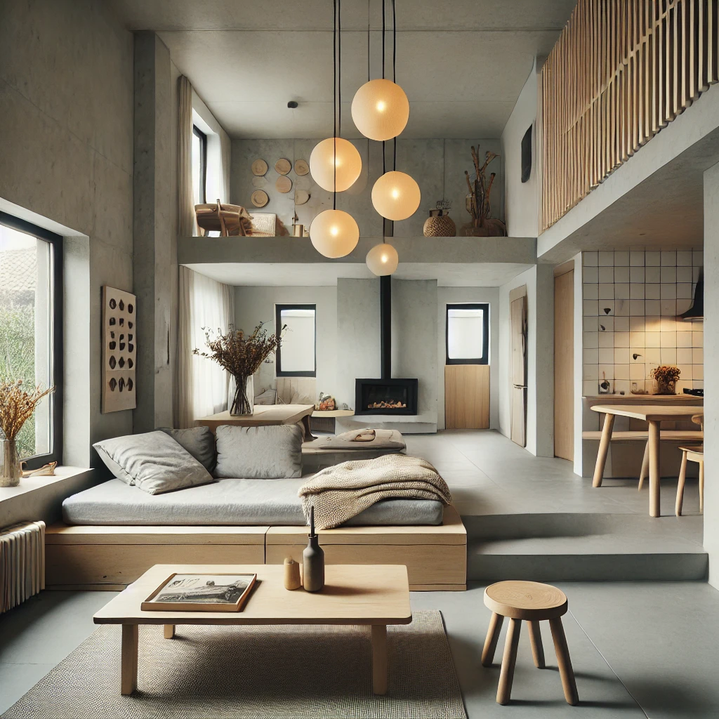 Een modern, minimalistisch interieur met multifunctionele meubels zoals een bank die kan worden omgezet in een bed en een tafel met opbergruimte. De ruimte heeft een strakke, witte muur, grote ramen die veel natuurlijk licht binnenlaten, een stijlvolle houten eettafel en enkele zorgvuldig gekozen decoratieve items. De vloer is van licht hout en een opgeruimde kast is zichtbaar in de achtergrond. De gehele uitstraling is rustig, ruimtelijk en opgeruimd.