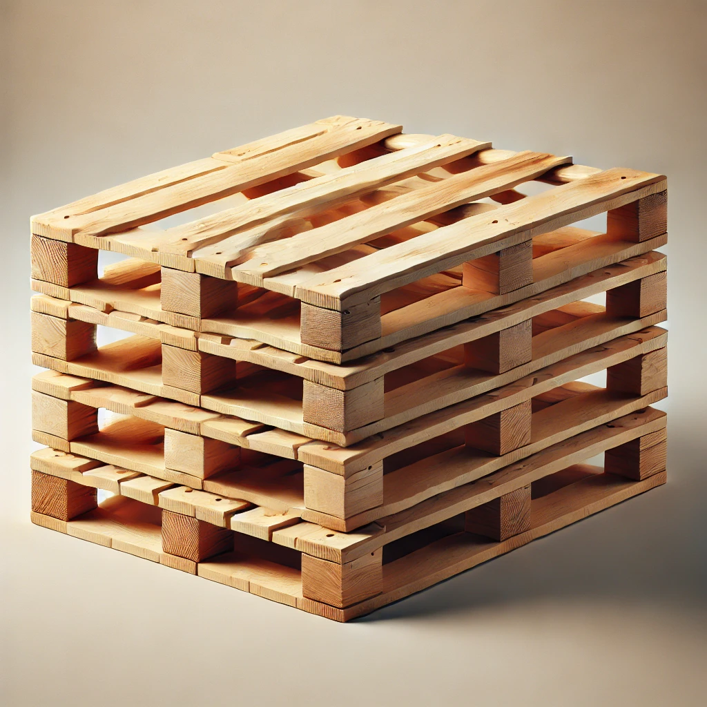 Drie houten pallets liggen netjes opgestapeld op een lichte achtergrond. De pallets zijn gemaakt van ruw, onbewerkt hout met zichtbare nerven en knoesten. Ze zijn schoon en in goede staat, klaar voor gebruik in een upcycling project of voor transportdoeleinden.