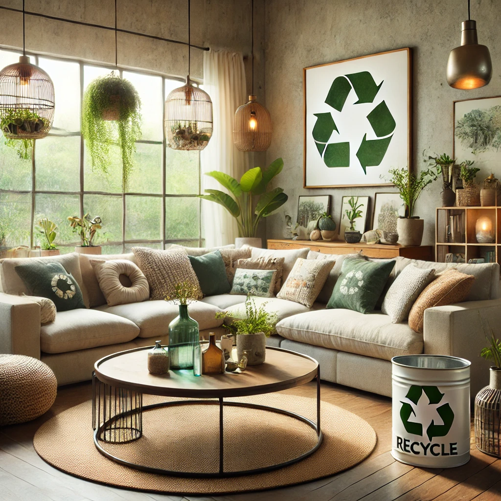 Een knusse woonkamer met milieuvriendelijke meubels, waaronder een sectionele bank van duurzame stoffen en een ronde salontafel van gerecycled metaal, omgeven door decoratieve elementen zoals kussens en vazen van geüpcycled materiaal.